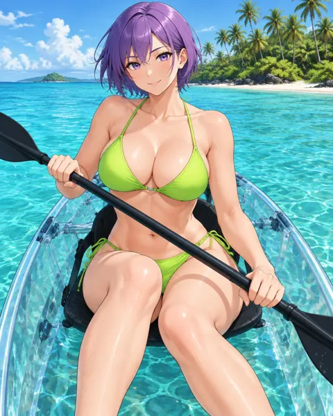 Milvaret, an adult anime companion paddling a clear kayak across the turquoise lagoon