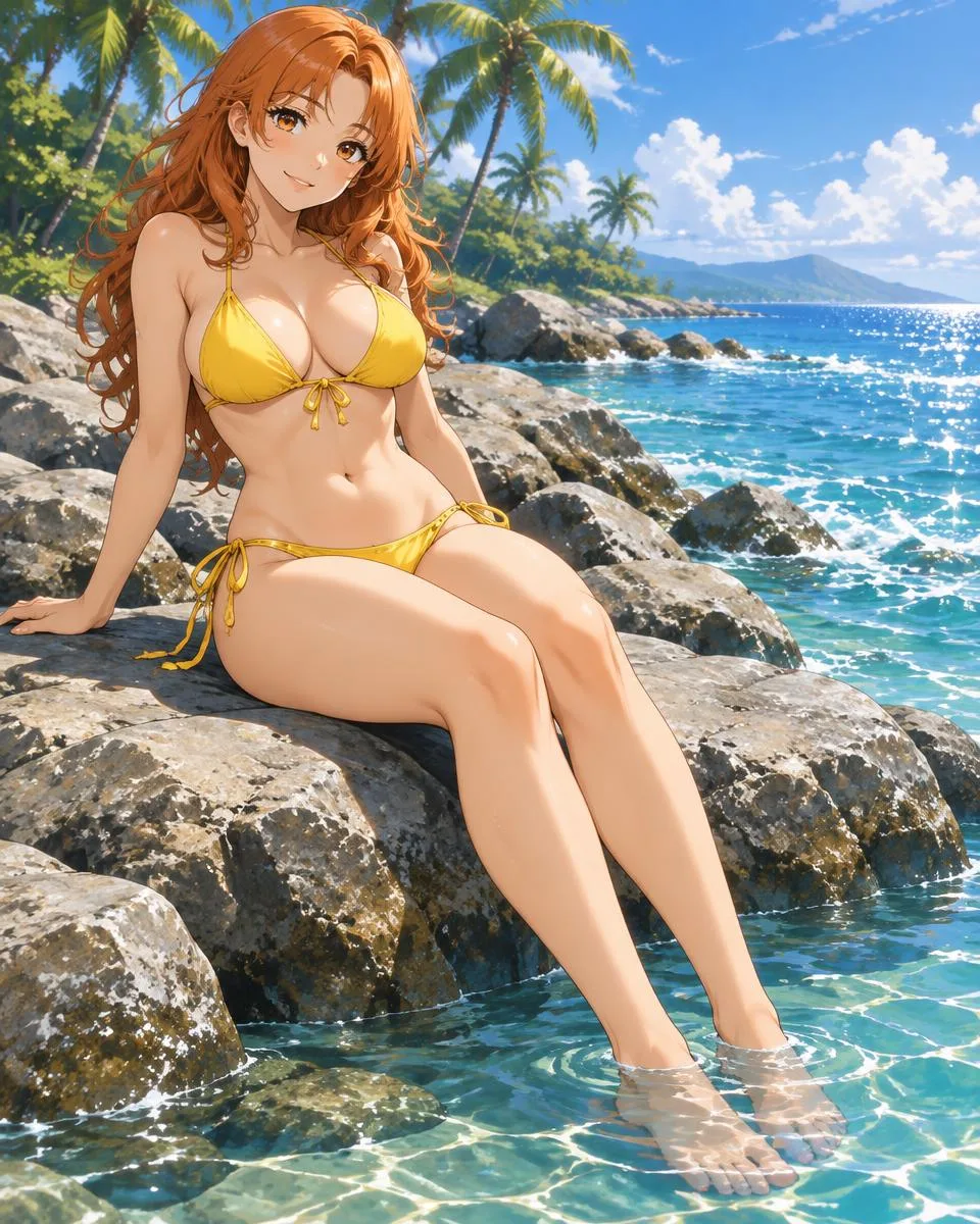 Orvelline, an adult anime companion sitting on smooth shore rocks with her feet in the sea