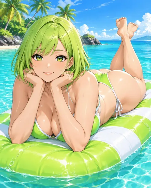 Quillaria, an adult anime companion lying on her stomach on a lime-striped float in the lagoon