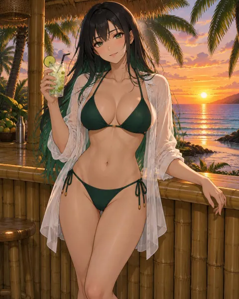 Tazmerith, an adult anime companion standing at a bamboo beach bar with a lime cocktail at sunset